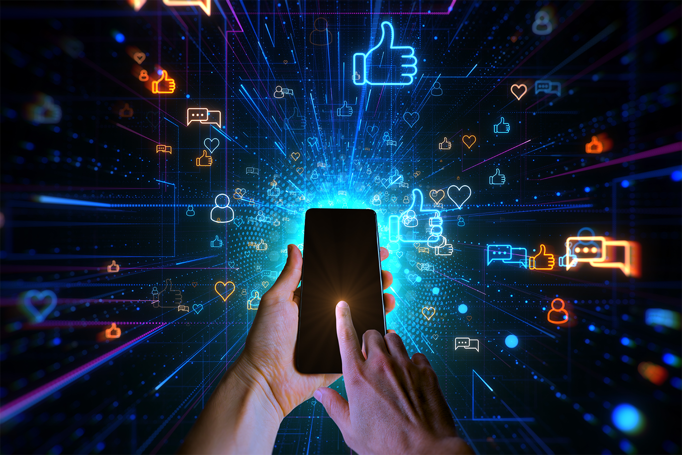 Hand holding a smartphone with glowing social media icons and data streams radiating outward, representing algorithm-driven content distribution and engagement.